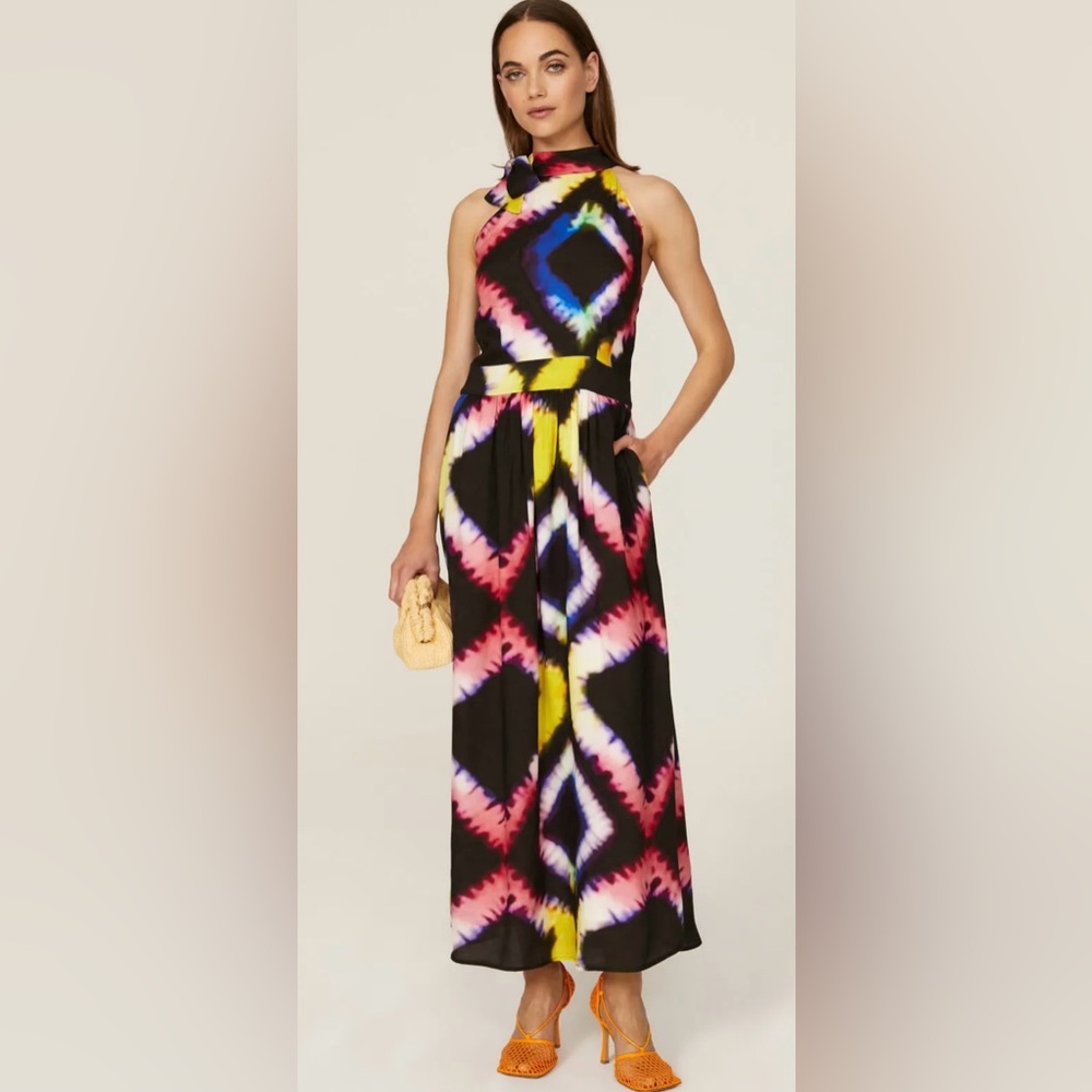 Busayo  Tie Dye Halter Maxi Shift Dress Black Red Yellow Sleeveless #S00